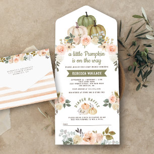 Invitation Tout En Un Sage Vert Petit Citrouille Pêche Fleur Bébé Shower