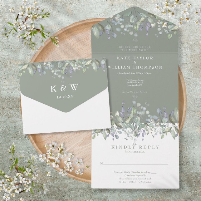 Invitation Tout En Un Sage Vert Sage Et Lilac Floral Mariage Monogramme (Sage Green Sage And Lilac Floral Monogram Wedding All In One Invitation)