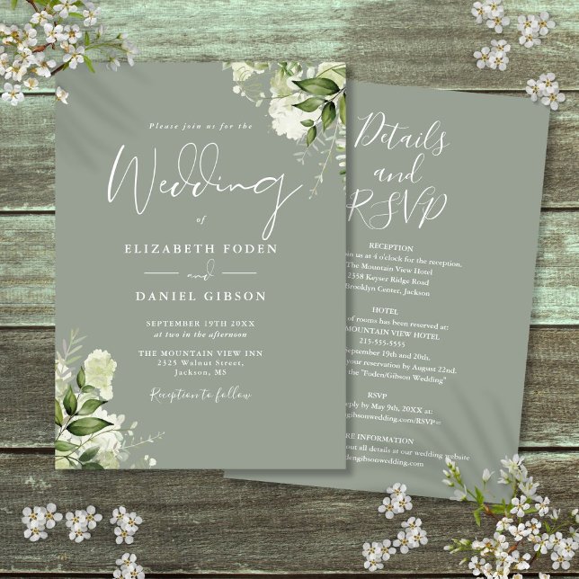Invitation Tout En Un Sage Vert Végétal Mariage Floral (All In One Sage Green Greenery Floral Wedding Invitation)