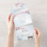 Invitation Tout En Un Sakura Fleur de Cerisier Japonaise Mariage Tout Je<br><div class="desc">Embrassez la beauté intemporelle des fleurs de cerisier avec cette invitation de mariage inspirée de Sakura. Avec des fleurs de cerisier roses délicates sur un paysage serein, ce design est idéal pour les couples qui célèbrent leur amour avec une touche d'élégance asiatique. Parfait pour les mariages de printemps, d'été, d'automne...</div>