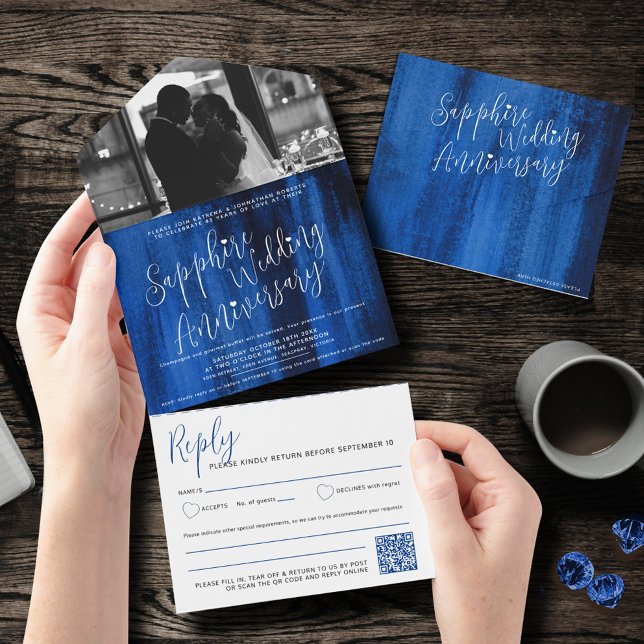 Invitation Tout En Un Sapphire Mariage 45ème photo code QR option RSVP (Créateur téléchargé)