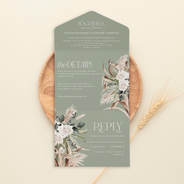 Invitation Tout En Un sauge vert rustique pampas eucalyptus mariage (Créateur téléchargé)