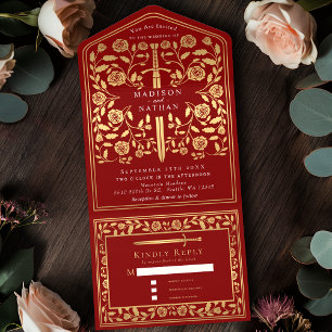Invitation Tout En Un Scarlet Red Royal Médieval Mariage d'épée
