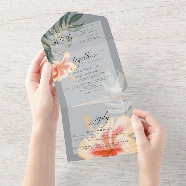 Invitation Tout En Un Scarlet Tropical Jaune Hibiscus Fern Mariage (Déchirure)
