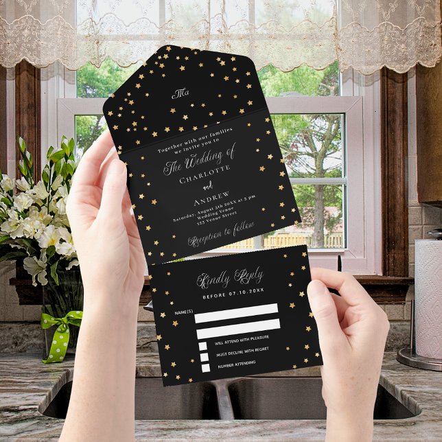 Invitation Tout En Un Script Black gold stars mariage (Créateur téléchargé)