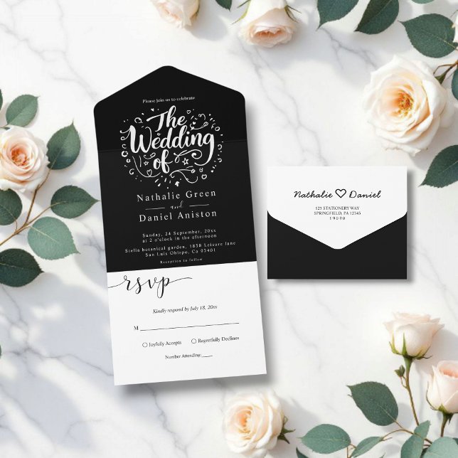 Invitation Tout En Un Script de calligraphie moderne Mariage noir et bla (Créateur téléchargé)