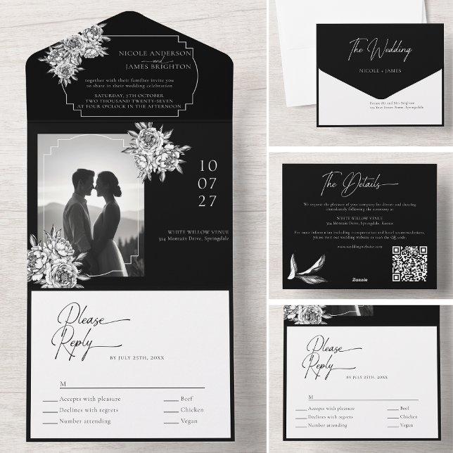 Invitation Tout En Un Script de calligraphie photo noir moderne (Créateur téléchargé)