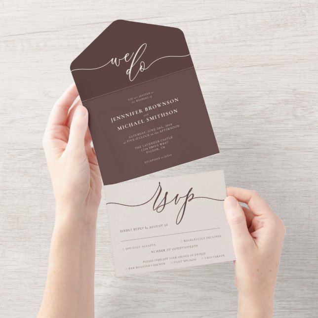 Invitation Tout En Un Script de mariage Brun Chocolat tout-en-un (Déchirure)