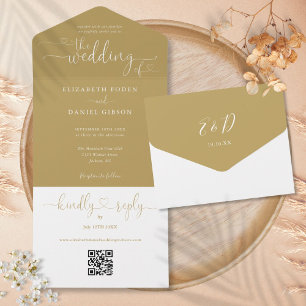 Invitation Tout En Un Script Hearts Elegant Gold QR Code Mariage