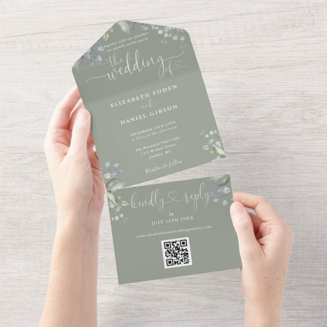 Invitation Tout En Un Script Hearts Floral Code QR Vert Sauge Mariage (Déchirure)
