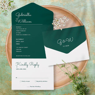 Invitation Tout En Un Script minimaliste Emerald Green Monogram Mariage