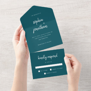 Invitation Tout En Un Script minimaliste moderne Profondément Turquoise 