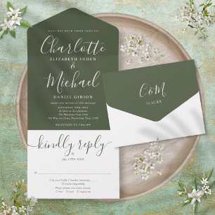 Invitation Tout En Un Script moderne minimaliste Mariage vert olive