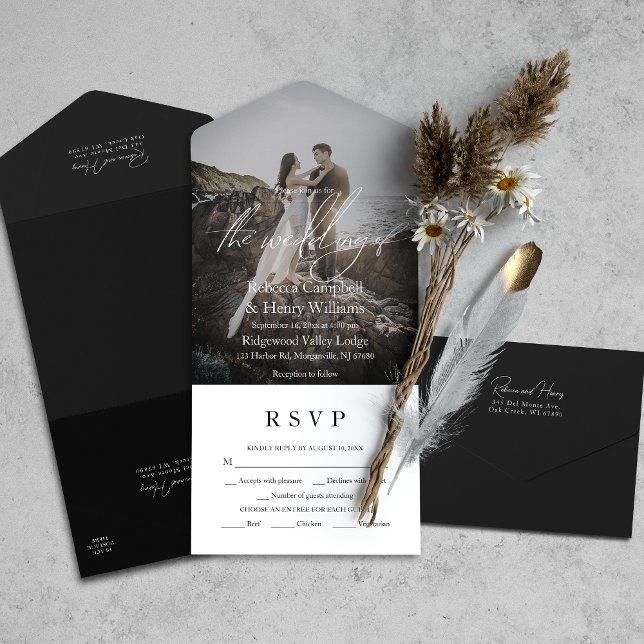 Invitation Tout En Un Script photo moderne RSVP Entree Mariage noir (All-in-one wedding invitation with QR code to RSVP - Simplify and save time for you and your guests.)