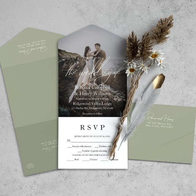 Invitation Tout En Un Script photo moderne RSVP Entree Sage Mariage vert (Simplify your wedding with our all-in-one invitation – convenience and beauty in a single card.)