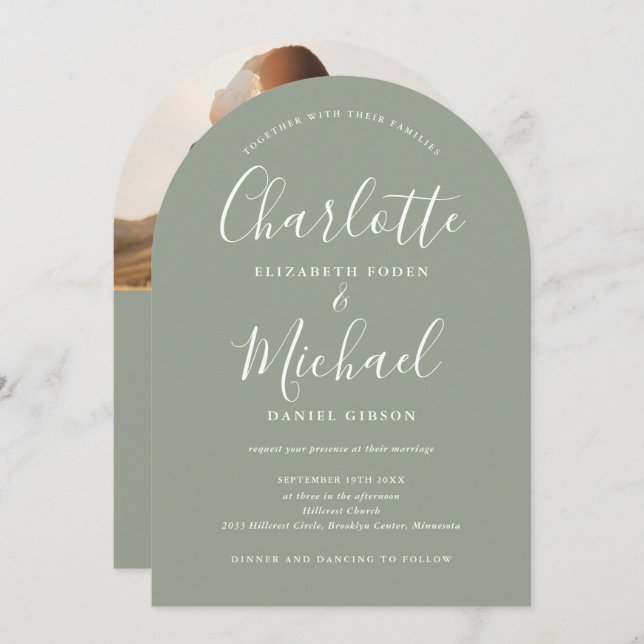 Invitation Tout en un script Photo Sage Green Arch Mariage (Devant / Derrière)