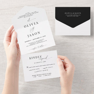 Invitation Tout En Un Script romantique moderne Noir Blanc Mariage Rsvp