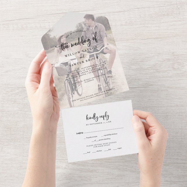 Invitation Tout En Un Script rustique Faded Photo Mariage All In One Inv (Déchirure)