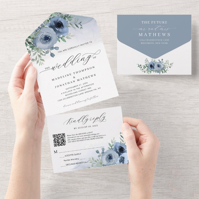 Invitation Tout En Un Script Whimsical Floral Dusty Blue QR Code Mariage (Créateur téléchargé)