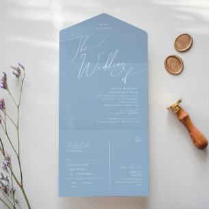 Invitation Tout En Un Script Whimsical   Mariage bleu de sceau et d'envo