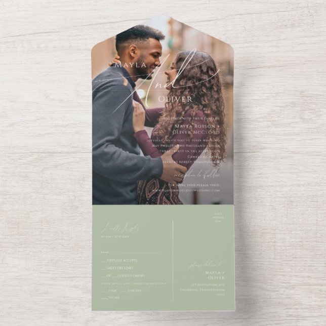 Invitation Tout En Un Script Whimsical | Sage Green Photo Sceau et envoi (À l'intérieur)