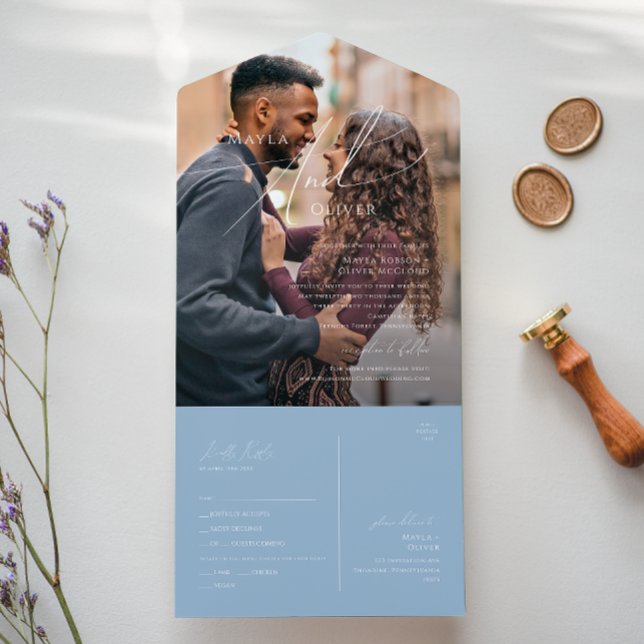 Invitation Tout En Un Script Whimsical | Sceau photo bleu Dusty et envoi (Créateur téléchargé)