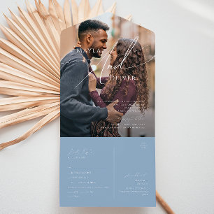 Invitation Tout En Un Script Whimsical   Sceau photo Décontracté bleu et