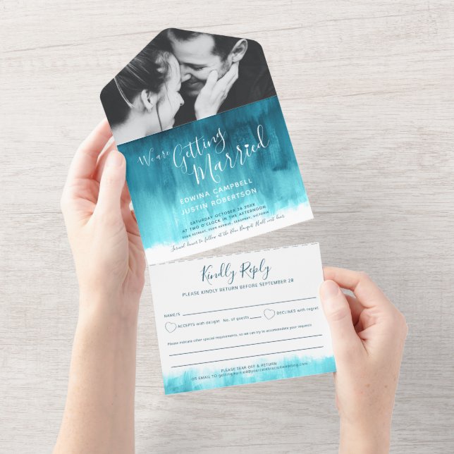 Invitation Tout En Un Se marier photo mariage turquoise aqua texte rsvp (Déchirure)