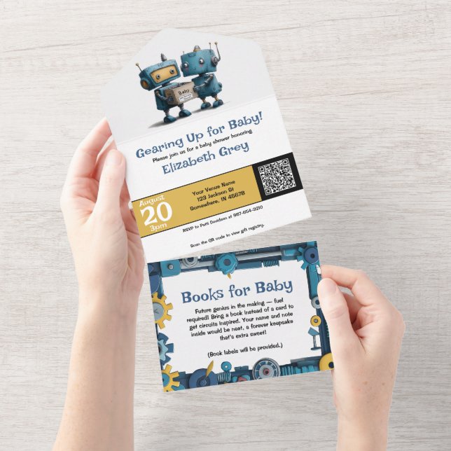 Invitation Tout En Un Se préparer pour bébé et livres - Robot (Déchirure)