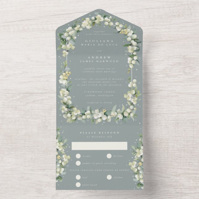 Invitation Tout En Un Seafoam Green Snowberry + Eucalyptus Mariage (À l'intérieur)