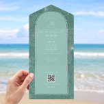 Invitation Tout En Un Seashell Palm Aqua Beach Wedding QR Code RSVP<br><div class="desc">Illustration d'art en ligne blanche de palmier feuille motif sur aqua arrière - plan avec texte blanc et design de coquillages sur aqua arche avec bordure bronzée. A l'extérieur est rose avec l'adresse de retour et l'illustration en feuille de palme sur le rabat. Rsvp utilise du code qr.</div>