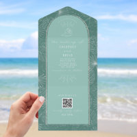 Seashell Palm Aqua Beach Wedding QR Code RSVP