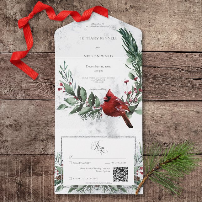 Invitation Tout En Un Serre d'hiver rustique et code QR cardinal rouge (Rustic Winter Wreath & Red Cardinal All In One Wedding Invitation with QR Code)