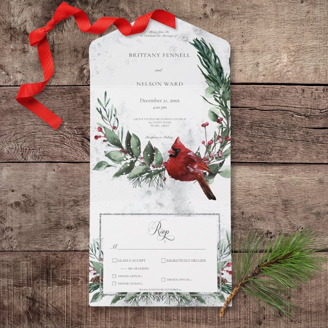Invitation Tout En Un Serre d'hiver rustique et dîner cardinal rouge (Rustic Winter Wreath & Red Cardinal All In One Wedding Invitation with Dinner Selection Options)
