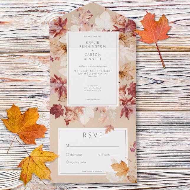 Invitation Tout En Un Serre rustique de feuilles d'automne Tan No Dinner (Rustic Wreath of Fall Leaves Tan No Dinner All In One Invitation)
