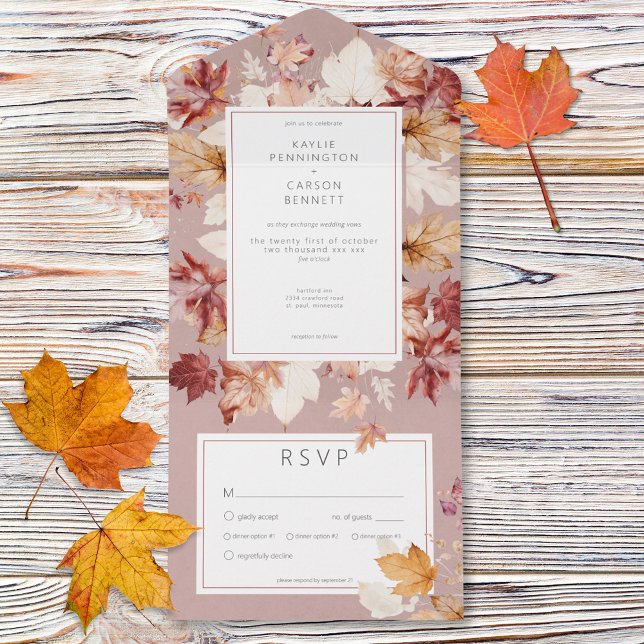 Invitation Tout En Un Serre rustique de l'automne Feuilles Bourgogne Dîn (Rustic Wreath of Fall Leaves Burgundy Dinner All In One Invitation)