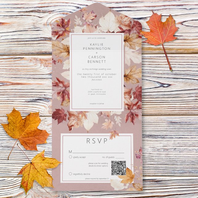 Invitation Tout En Un Serrure rustique de l'automne Feuilles Bourgogne Q (Rustic Wreath of Fall Leaves Burgundy QR Code All In One Invitation)