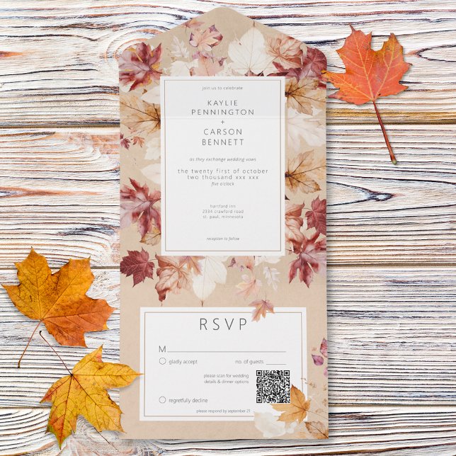 Invitation Tout En Un Serrure rustique des feuilles d'automne Tan QR Cod (Rustic Wreath of Fall Leaves Tan QR Code All In One Invitation)