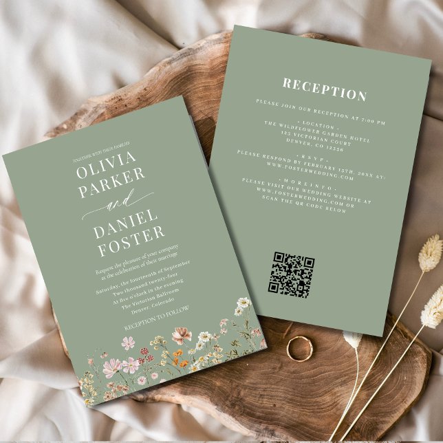 Invitation Tout en un seul Fleur sauvage vert  QR Code Mariag (Créateur téléchargé)
