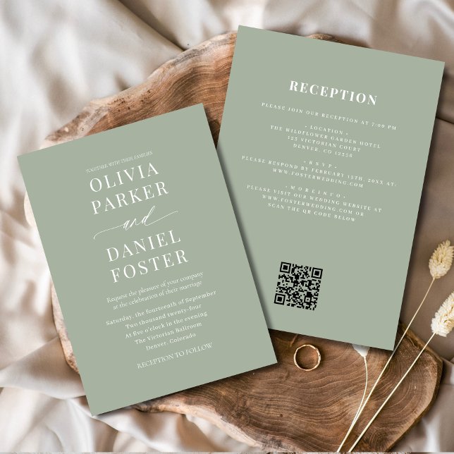 Invitation Tout en un seul Sage Vert QR Code Mariage (Créateur téléchargé)