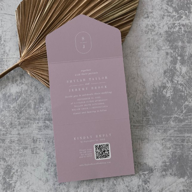 Invitation Tout En Un SHYLAH QR Code Mauve Lilac Simple Mariage moderne (SHYLAH QR Code Mauve Lilac Simple Modern Wedding All In One Invitation)