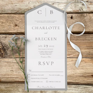 Invitation Tout En Un Silver Grey & Blanc Monogramme Dîner minimal