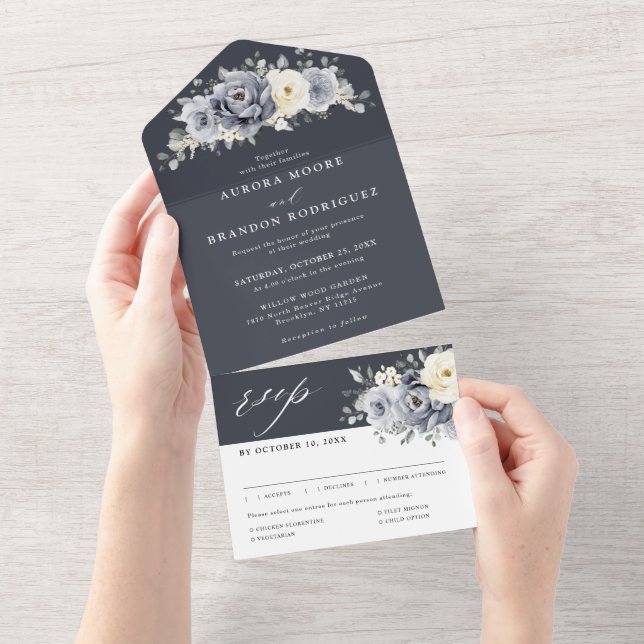 Invitation Tout En Un Silver Grey Ivory Floral hiver Rustique Mariage To (Déchirure)
