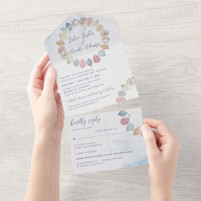 Invitation Tout En Un Simple Beach Ocean Seashell Wreath Mariage (Déchirure)