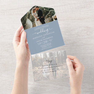 Invitation Tout En Un Simple Bleu Poussiéreux 2 Photo RSVP Mariage