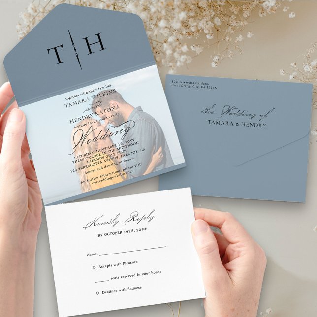 Invitation Tout En Un Simple Calligraphie Photo Dusty Blue RSVP Mariage (Créateur téléchargé)