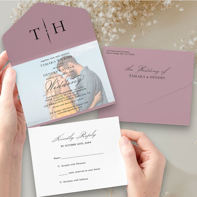 Invitation Tout En Un Simple Calligraphie Photo Dusty Rose Mariage RSVP (Créateur téléchargé)