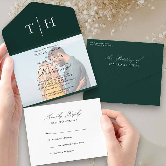 Invitation Tout En Un Simple Calligraphie Photo Emerald RSVP Mariage (Créateur téléchargé)