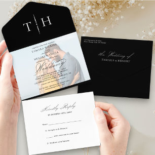 Invitation Tout En Un Simple Calligraphie Photo Mariage Noir Blanc RSVP