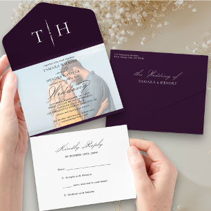 Invitation Tout En Un Simple Calligraphie photo violet Mariage RSVP